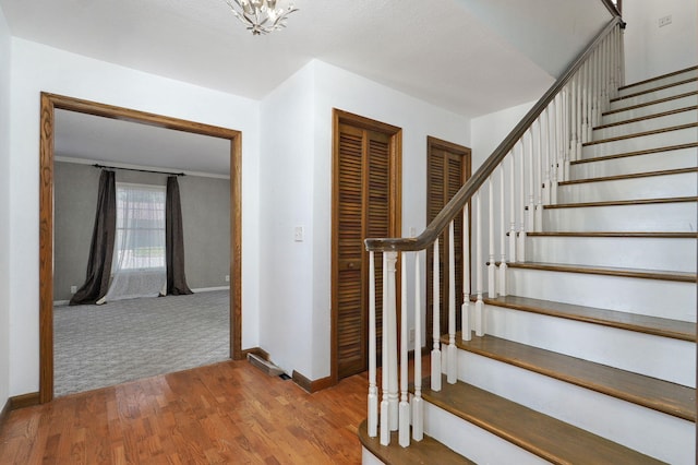 staircase featuring wood finished floors, baseboards, and carpet