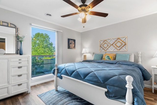 112 Overlook Dr Unit 5, Branson, MO 65616 - bedroom with dark wood-style floors, ornamental molding, baseboards, and a ceiling fan
