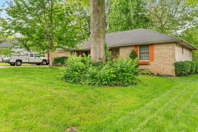 view of front of property featuring brick siding and a front lawn