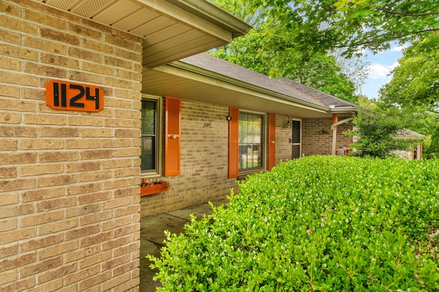 doorway to property with brick siding and roof with shingles