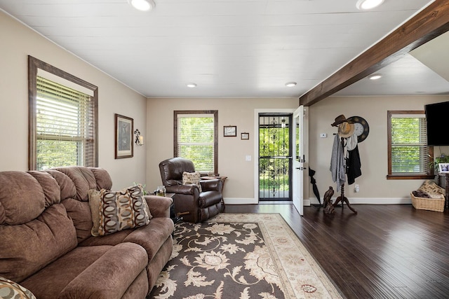 living area with wood finished floors, plenty of natural light, baseboards, and recessed lighting