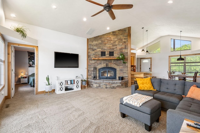 2885 Possum Trot Rd, Billings, MO 65610 - living area with a ceiling fan, carpet, a fireplace, recessed lighting, and baseboards