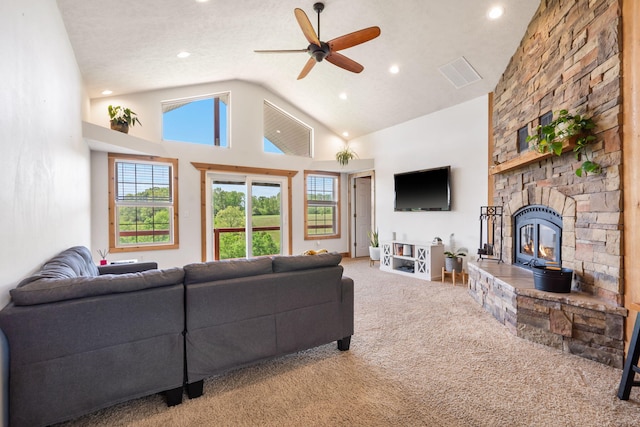 2885 Possum Trot Rd, Billings, MO 65610 - carpeted living room with ceiling fan, a fireplace, recessed lighting, and high vaulted ceiling