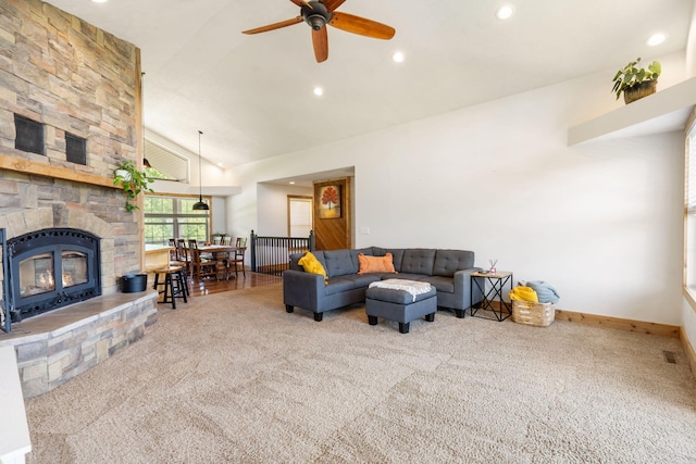 2885 Possum Trot Rd, Billings, MO 65610 - living area featuring carpet floors, a ceiling fan, recessed lighting, baseboards, and high vaulted ceiling
