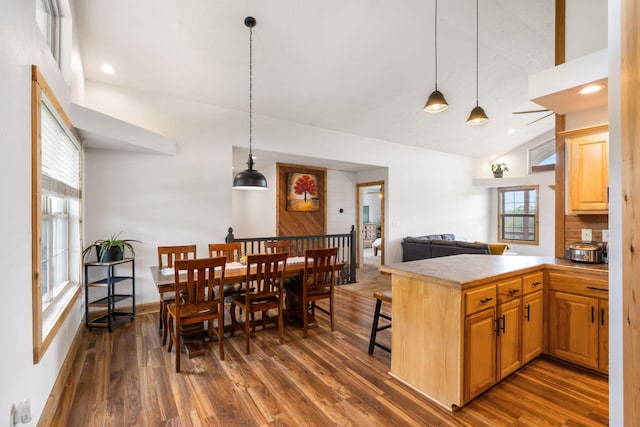 2885 Possum Trot Rd, Billings, MO 65610 - kitchen featuring dark wood-type flooring, pendant lighting, a peninsula, vaulted ceiling, and baseboards