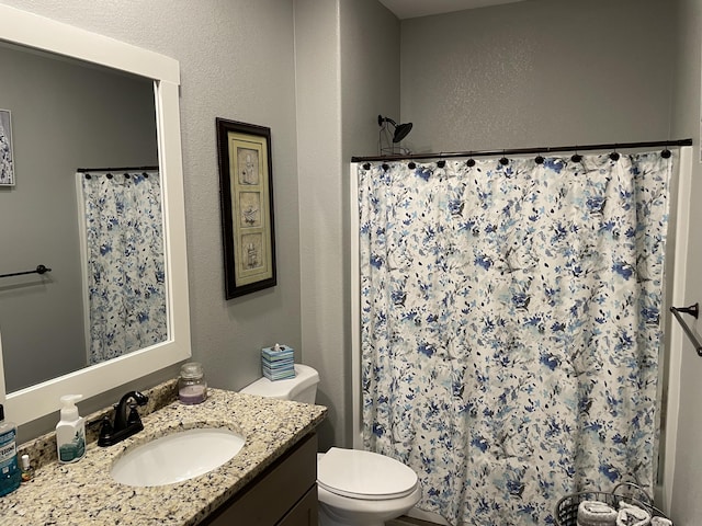 bathroom featuring toilet, vanity, a shower with shower curtain, and a textured wall