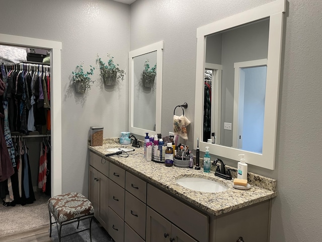 full bathroom with double vanity, a spacious closet, and wood finished floors