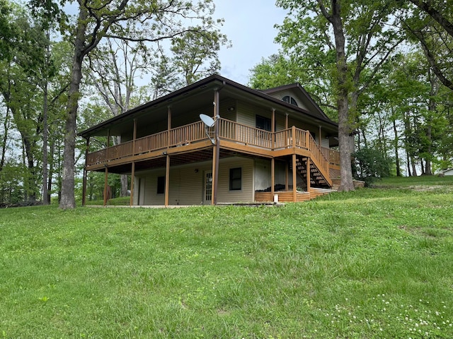 16709 Honeysuckle Hill Rd, Eminence, MO 65466 - rear view of house with a deck, a yard, and stairs
