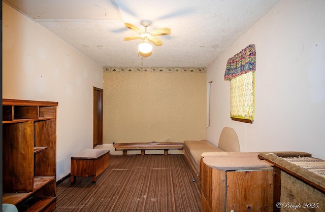 interior space with carpet floors and ceiling fan