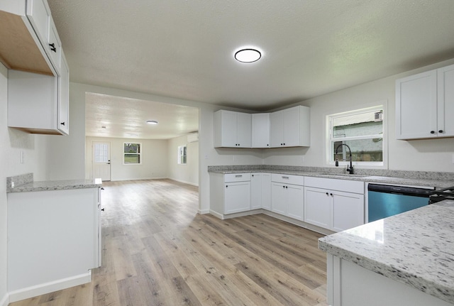 kitchen with dishwasher, a sink, light wood-style flooring, and light stone countertops