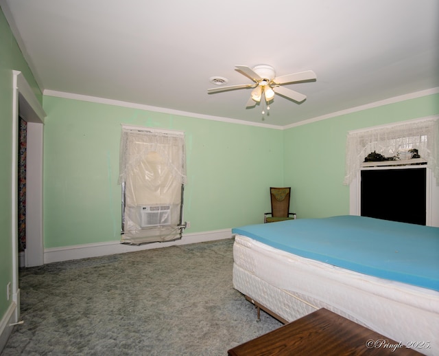 carpeted bedroom featuring baseboards, cooling unit, ornamental molding, and ceiling fan