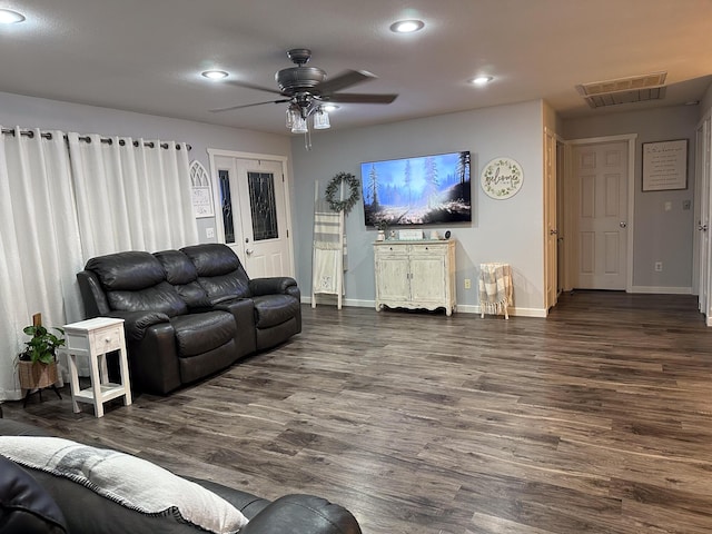 313 Washington St, Mountain View, MO 65548 - living area with baseboards, recessed lighting, dark wood finished floors, and ceiling fan