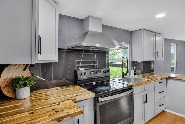 2041 N Pickwick Ave, Springfield, MO 65803 - kitchen featuring stainless steel electric stove, wall chimney range hood, wooden counters, a sink, and decorative backsplash
