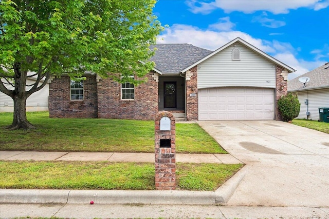 view of front of property featuring a garage, concrete driveway, brick siding, and a front lawn