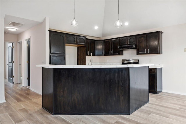 kitchen featuring under cabinet range hood, stainless steel range with electric cooktop, dark brown cabinetry, light wood finished floors, and light countertops