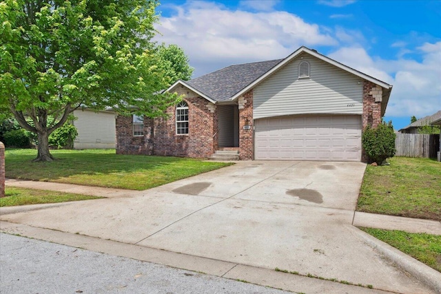 ranch-style house with brick siding, an attached garage, concrete driveway, and roof with shingles