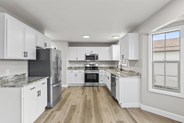 kitchen with appliances with stainless steel finishes, a sink, light wood finished floors, and white cabinetry