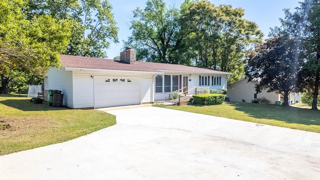 920 Oak St, Thayer, MO 65791 - ranch-style house with a garage, a chimney, driveway, and a front yard