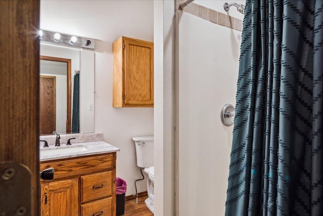1215 E 515th Rd, Morrisville, MO 65710 - bathroom with a shower with curtain, vanity, wood finished floors, and toilet