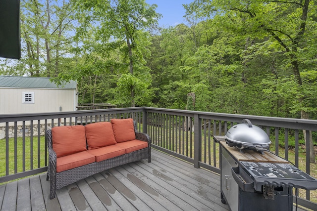 1226 Peace In Valley Rd, Blue Eye, MO 65611 - wooden terrace with outdoor lounge area and a grill