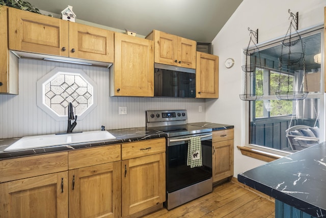 1226 Peace In Valley Rd, Blue Eye, MO 65611 - kitchen featuring stainless steel appliances, a sink, light wood-style flooring, dark countertops, and lofted ceiling