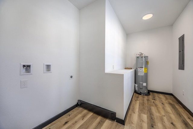 834 Morris St, Mountain Grove, MO 65711 - washroom featuring hookup for an electric dryer, water heater, electric panel, and light wood finished floors