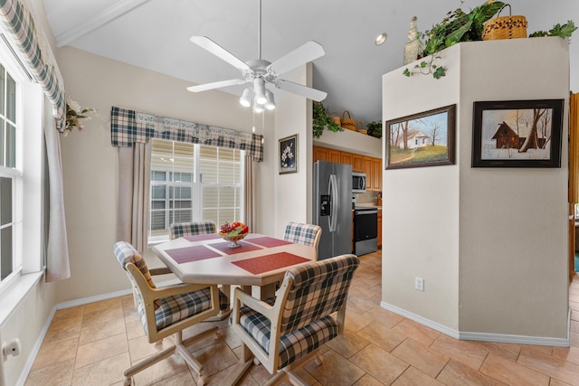 351 Wildwood Dr S Unit 5, Branson, MO 65616 - dining area featuring baseboards, a ceiling fan, and lofted ceiling