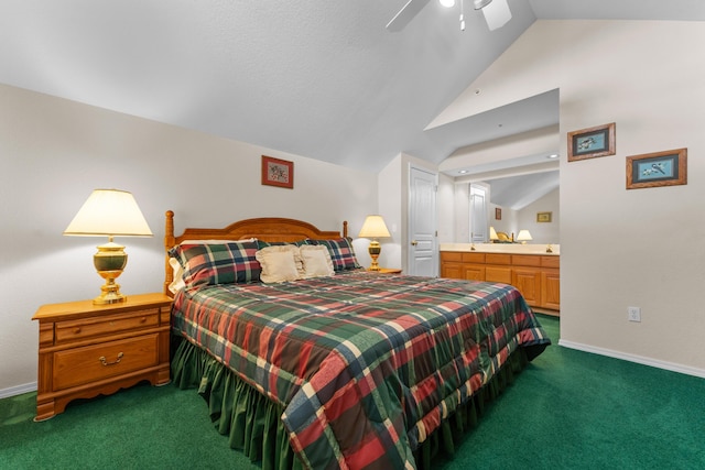 351 Wildwood Dr S Unit 5, Branson, MO 65616 - carpeted bedroom with vaulted ceiling, connected bathroom, baseboards, and a ceiling fan