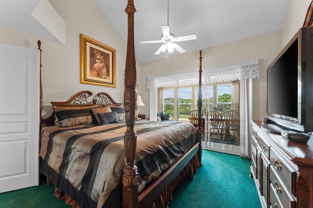 351 Wildwood Dr S Unit 5, Branson, MO 65616 - bedroom featuring dark colored carpet, access to exterior, vaulted ceiling, and a ceiling fan