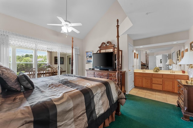 351 Wildwood Dr S Unit 5, Branson, MO 65616 - bedroom featuring lofted ceiling, light colored carpet, light tile patterned floors, ensuite bathroom, and access to outside