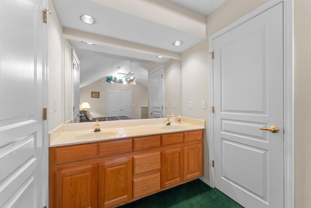 351 Wildwood Dr S Unit 5, Branson, MO 65616 - full bath with double vanity, a ceiling fan, lofted ceiling, and recessed lighting