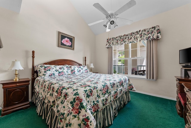 351 Wildwood Dr S Unit 5, Branson, MO 65616 - carpeted bedroom featuring vaulted ceiling, baseboards, and ceiling fan