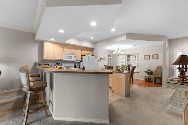 680 Emerald Pointe Dr Unit 6, Hollister, MO 65672 - kitchen featuring white appliances, a peninsula, ornamental molding, light brown cabinets, and light carpet