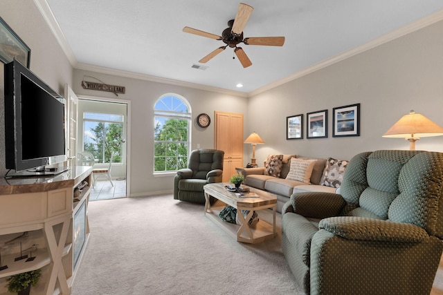 680 Emerald Pointe Dr Unit 6, Hollister, MO 65672 - living room featuring light colored carpet, crown molding, a ceiling fan, and baseboards