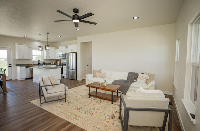 13320 E 1424th Rd, Stockton, MO 65785 - living room with ceiling fan, dark wood-style floors, recessed lighting, and baseboards