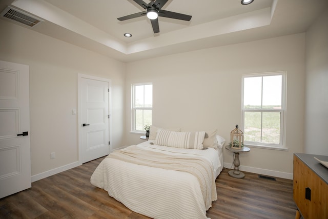 13320 E 1424th Rd, Stockton, MO 65785 - bedroom featuring a raised ceiling, multiple windows, dark wood-type flooring, baseboards, and recessed lighting