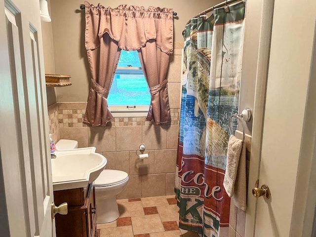 106 Blue Ridge Dr, Theodosia, MO 65761 - bathroom featuring toilet, tile walls, vanity, a shower with shower curtain, and wainscoting