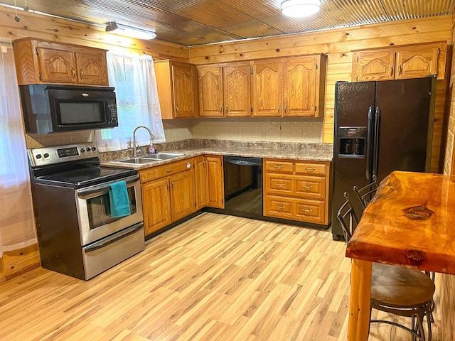 106 Blue Ridge Dr, Theodosia, MO 65761 - kitchen with black appliances, a sink, brown cabinets, and wooden ceiling