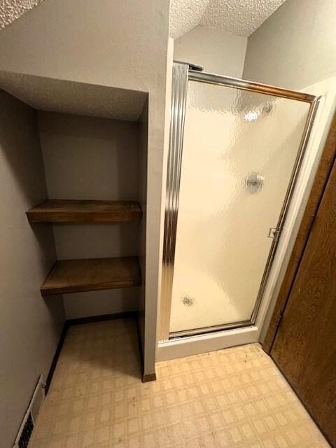3820 S Virginia Pl, Springfield, MO 65807 - bathroom with tile patterned floors, a stall shower, and a textured ceiling