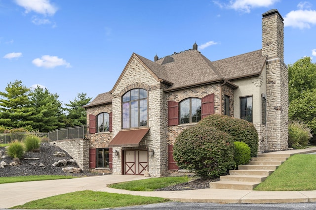 3260 W Rivulet Pass, Springfield, MO 65810 - french country inspired facade featuring stone siding, driveway, an attached garage, a chimney, and a shingled roof