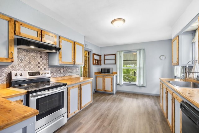 191 State Highway Y, Forsyth, MO 65653 - kitchen featuring appliances with stainless steel finishes, under cabinet range hood, a sink, and wood counters