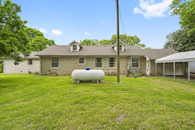 191 State Highway Y, Forsyth, MO 65653 - rear view of house with stone siding, a lawn, a garage, and a shingled roof