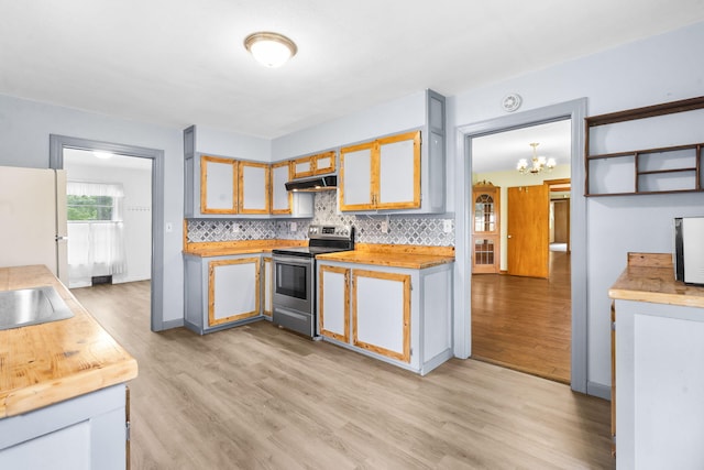 191 State Highway Y, Forsyth, MO 65653 - kitchen with stainless steel electric range, under cabinet range hood, light wood-type flooring, freestanding refrigerator, and decorative backsplash