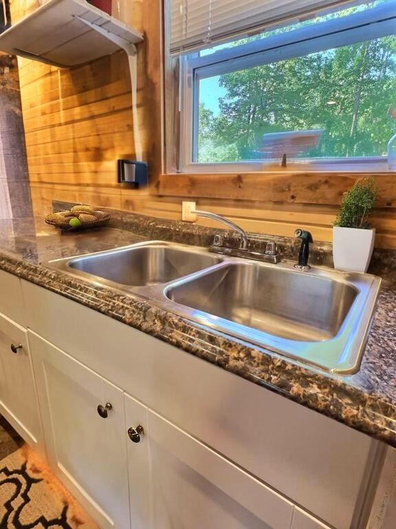 1424 Brown Rd, Van Buren, MO 63965 - kitchen view of a sink, white cabinetry, wooden walls, and dark stone countertops