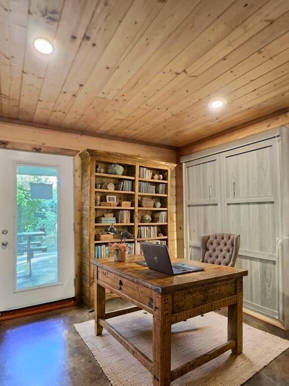 1424 Brown Rd, Van Buren, MO 63965 - office area featuring wooden ceiling, recessed lighting, and concrete floors