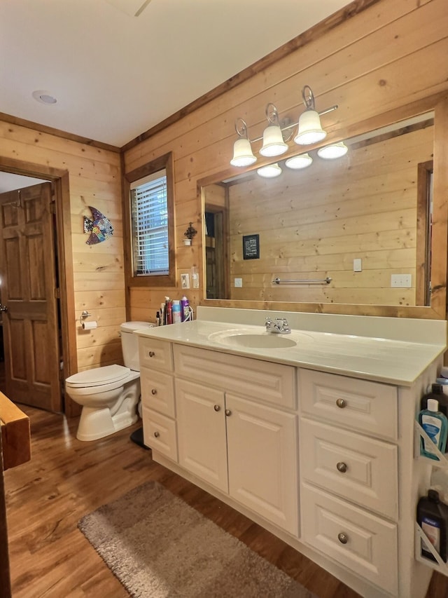 1424 Brown Rd, Van Buren, MO 63965 - bathroom featuring wood walls, wood finished floors, toilet, and vanity