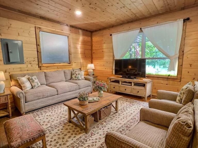 1424 Brown Rd, Van Buren, MO 63965 - living area with electric panel, wooden ceiling, wooden walls, wood finished floors, and recessed lighting