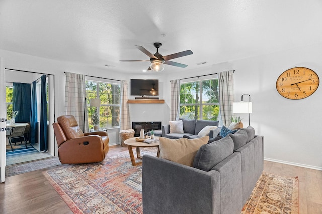 77 Anglers Pointe Unit 4, Branson, MO 65616 - living room featuring a ceiling fan, plenty of natural light, wood finished floors, and a glass covered fireplace