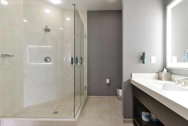 2312 Branson Landing Blvd Unit A, Branson, MO 65616 - bathroom featuring a shower stall, toilet, vanity, tile patterned flooring, and baseboards
