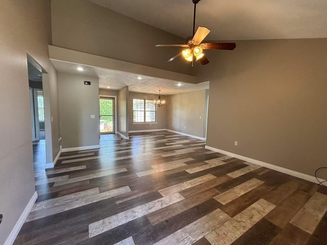 unfurnished room with a chandelier, baseboards, ceiling fan, wood finished floors, and recessed lighting